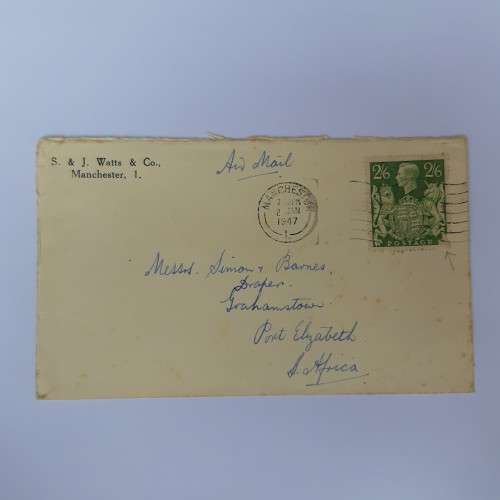 Postal cover from Manchester, England to Port Elizabeth, South Africa - with 2/6 British stamp