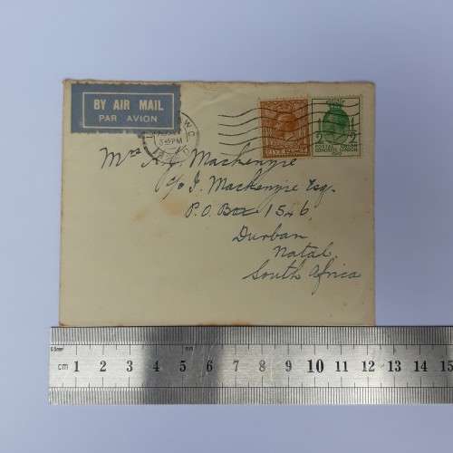 Airmail cover from London, England to Natal, South Africa with 5 1/2d rate British stamps
