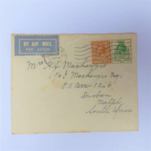 Airmail cover from London, England to Natal, South Africa with 5 1/2d rate British stamps