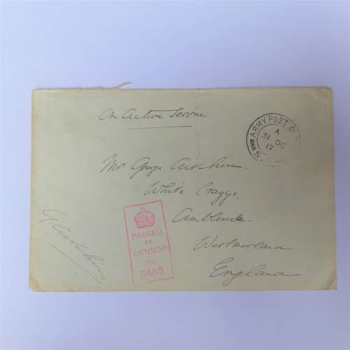 An active service cover posted by Army Post Office - 31 October 1917 - To England - Passed by censor