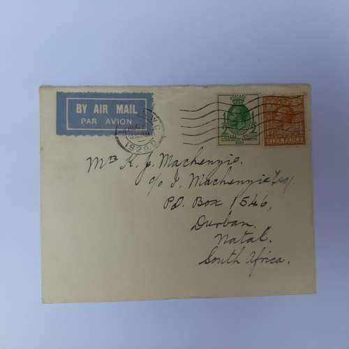 Airmail cover from London, England to Natal, South Africa with 2 British stamps - 27 August 1929