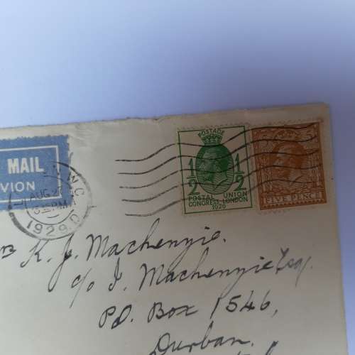 Airmail cover from London, England to Natal, South Africa with 2 British stamps - 27 August 1929