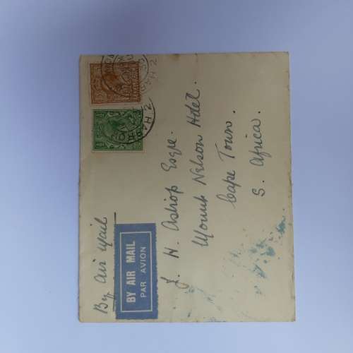 Airmial cover from Harrow, England to Cape Town, South Africa with 2 British stamps - 25 June 1930