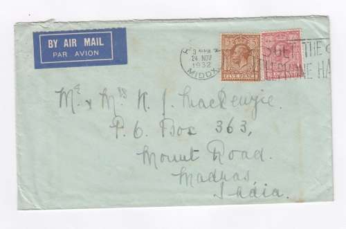 Airmail cover from England to Madras, India - 24 November 1932 with 5pence and 6pence stamps