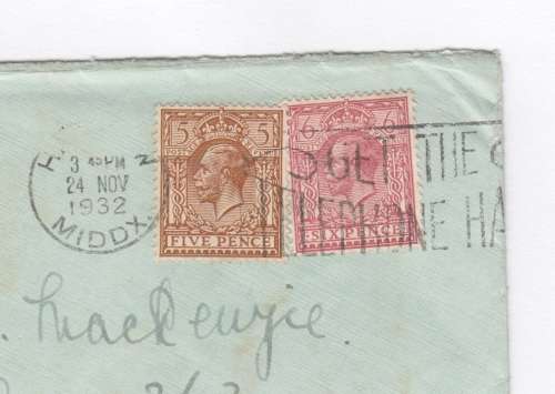 Airmail cover from England to Madras, India - 24 November 1932 with 5pence and 6pence stamps