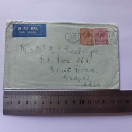 Airmail cover from England to Madras, India - 24 November 1932 with 5pence and 6pence stamps