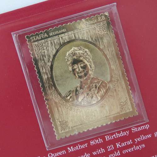 1980 Queen Mother 80th Birthday 23kt and 12kt gold overlay stamp in booklet
