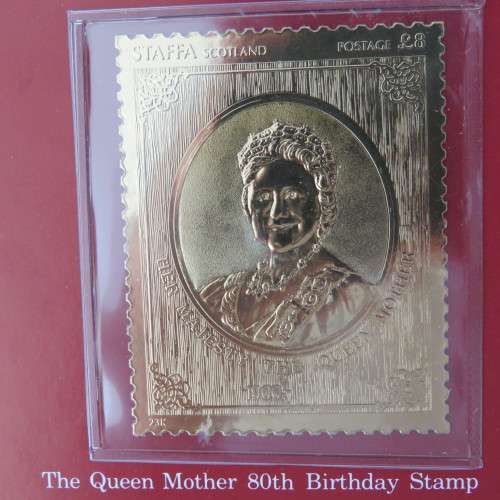 1980 Queen Mother 80th Birthday 23kt and 12kt gold overlay stamp in booklet