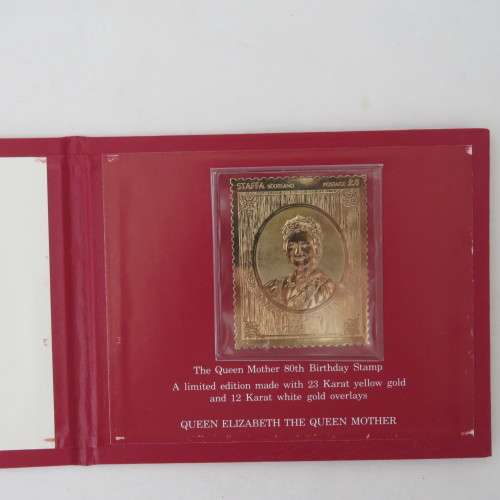 1980 Queen Mother 80th Birthday 23kt and 12kt gold overlay stamp in booklet