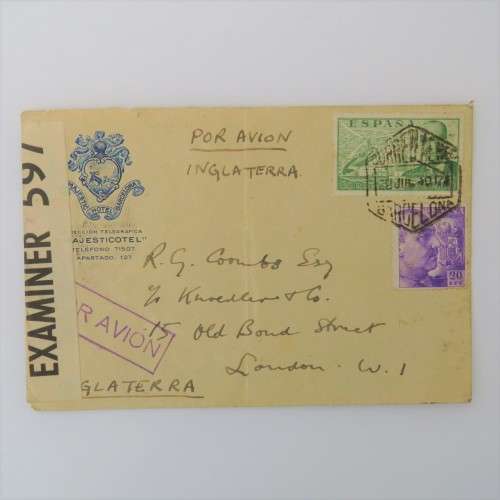 Airmail cover Spanish civil war era Barcelona to London on Majestic Hotel Barcelona Stationery