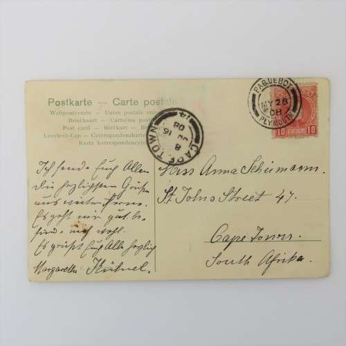 Postcard posted at sea Paquebot, Plymouth to Cape Town with Spanish stamp cancelled 28 may 1908