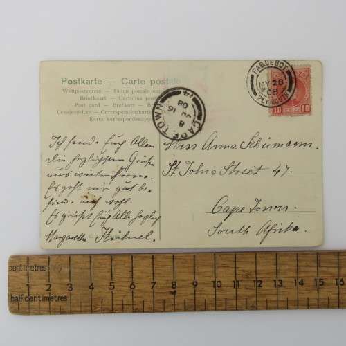 Postcard posted at sea Paquebot, Plymouth to Cape Town with Spanish stamp cancelled 28 may 1908