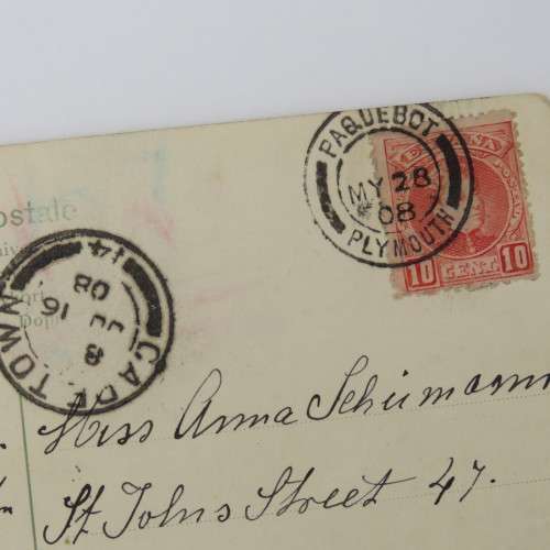 Postcard posted at sea Paquebot, Plymouth to Cape Town with Spanish stamp cancelled 28 may 1908