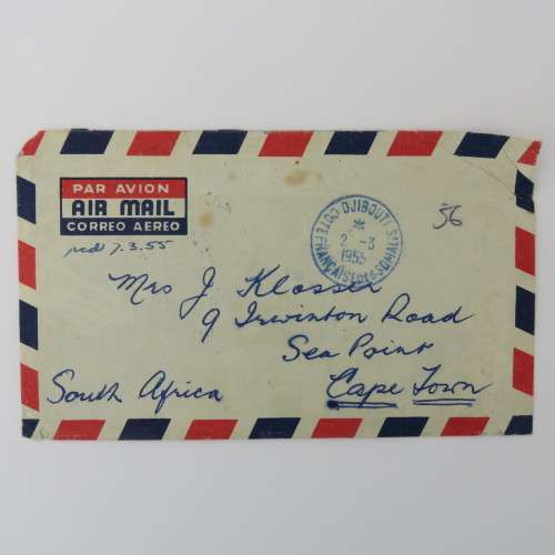 Airmail cover sent from French Somali Coast to Sea Point, Cape Town with 8 Somali Coast stamps