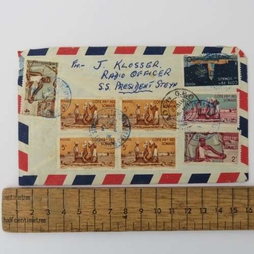 Airmail cover sent from French Somali Coast to Sea Point, Cape Town with 8 Somali Coast stamps