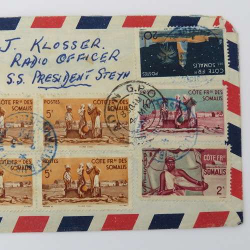 Airmail cover sent from French Somali Coast to Sea Point, Cape Town with 8 Somali Coast stamps