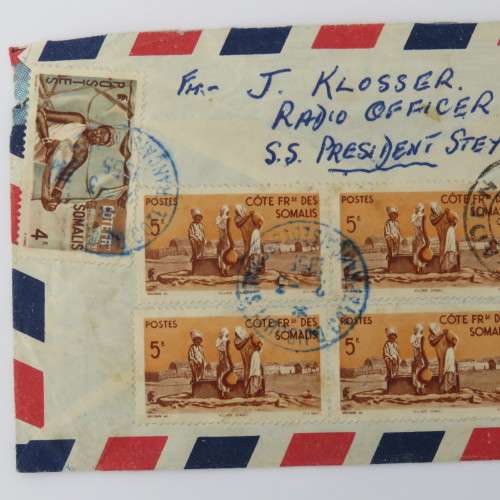Airmail cover sent from French Somali Coast to Sea Point, Cape Town with 8 Somali Coast stamps