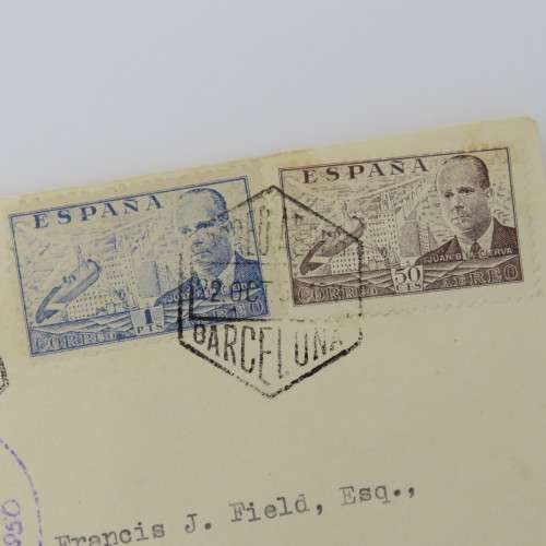First Flight cover Barcelona to London 23 October 1950 with 3 Spanish stamps and airmail tag