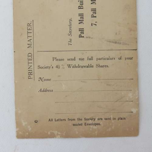 Early 1900`s Pall Mall Building society response card