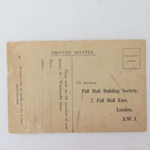 Early 1900`s Pall Mall Building society response card