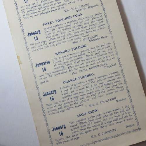 Cape Province Women`s Agricultural Association Calendar of puddings