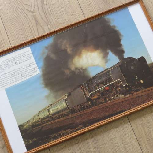Printed picture of SA Railways Blue train with 25NC steam locomotive in frame