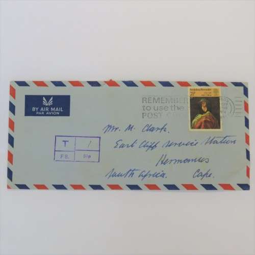 Airmail cover from Surrey, England to Hermanus, South Africa with 7 1/2 P stamp