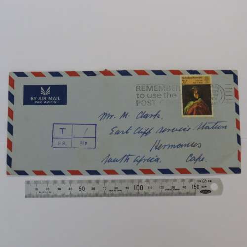 Airmail cover from Surrey, England to Hermanus, South Africa with 7 1/2 P stamp