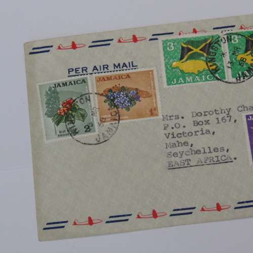 Airmail cover sent from Kingston, Jamaica to Mahe, Seychelles with 9 colorful Jamaican stamps