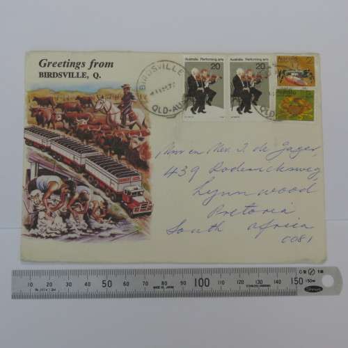 Letter sent from Birdsville, Australia to Pretoria, South Africa on a Birdsville cover