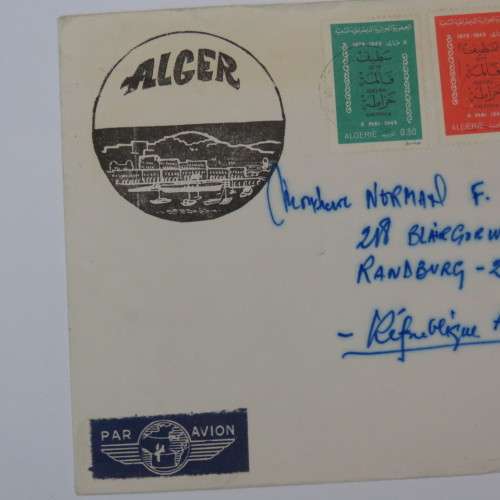 Airmail letter from Algeria to South Africa with 3 Algeria stamps and airmail tag on Alger envelope