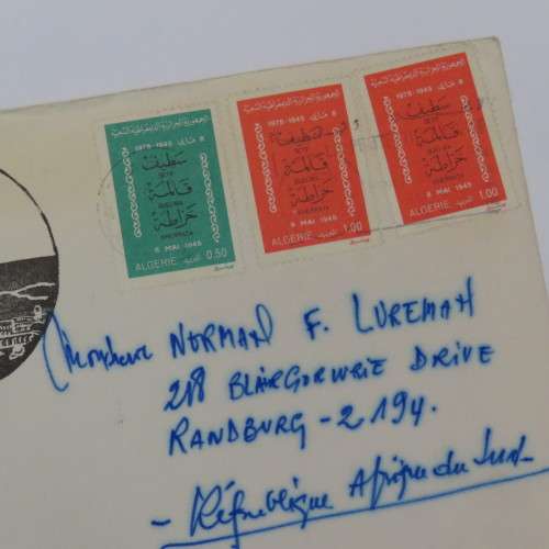 Airmail letter from Algeria to South Africa with 3 Algeria stamps and airmail tag on Alger envelope