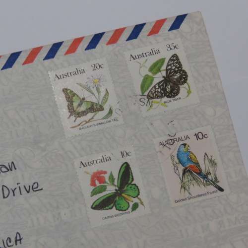 Airmail letter from Australia to South Africa with butterfly and bird stamps