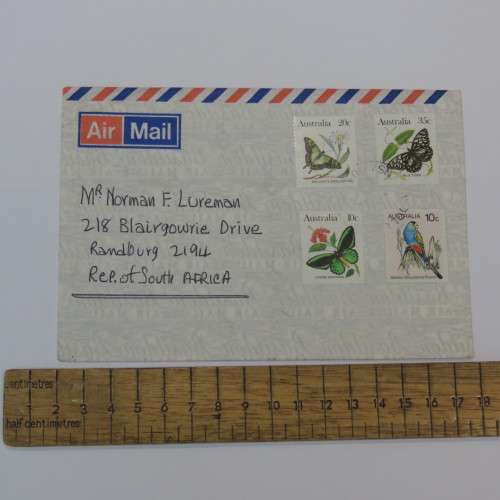 Airmail letter from Australia to South Africa with butterfly and bird stamps