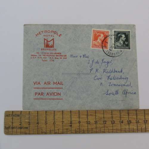 Airmail letter from Brussel, Belgium to Pietersburg, South Africa with 2 Belgian stamps