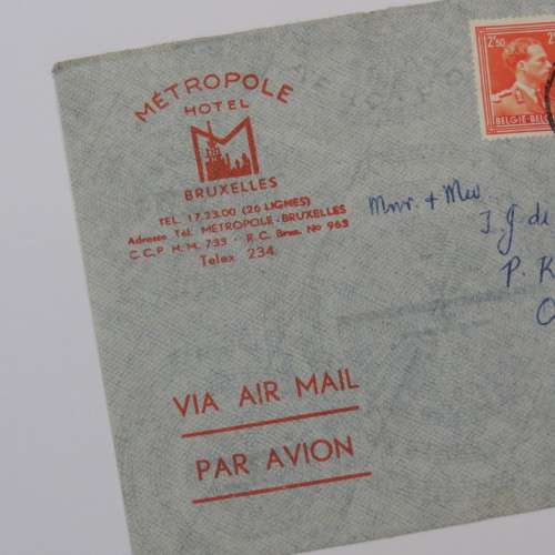 Airmail letter from Brussel, Belgium to Pietersburg, South Africa with 2 Belgian stamps