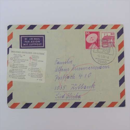 Airmail cover from Germany to Witbank, South Africa - Marked with sticker unknown