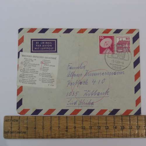 Airmail cover from Germany to Witbank, South Africa - Marked with sticker unknown