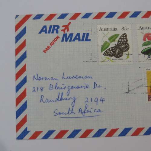 Airmail letter from Australia to South Africa with butterfly stamps