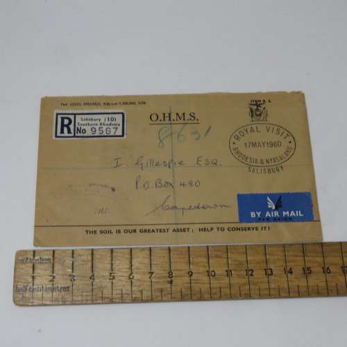 Southern Rhodesia Royal visit date stamp 17 May 1960 on registered airmail post