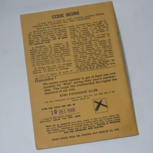 Kiwi Exchange Club magazine and Member`s List - November 1960