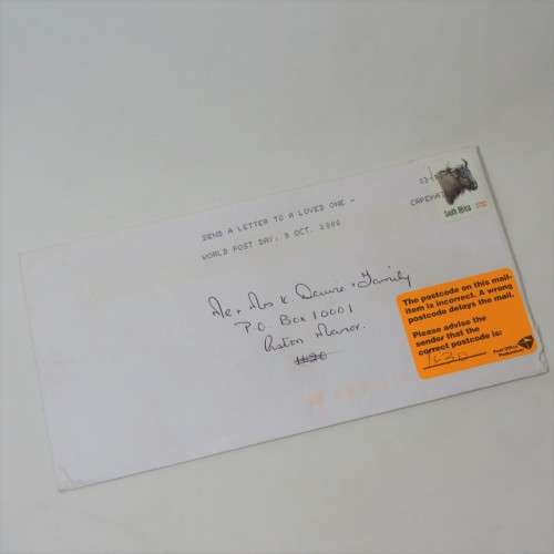 Letter sent inside South Africa with Incorrect postcode tag