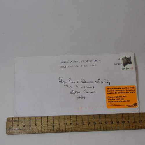 Letter sent inside South Africa with Incorrect postcode tag