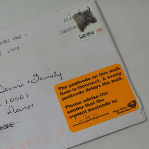 Letter sent inside South Africa with Incorrect postcode tag