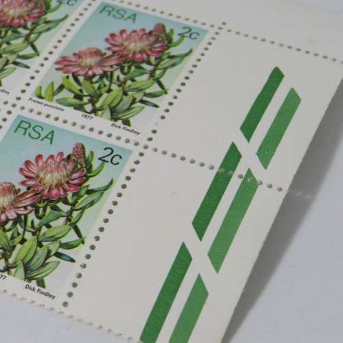 South Africa 2c Protea 1977 SACC 419 - block of 6 with error on top left stamp