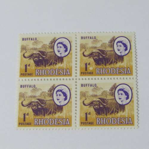 Rhodesia 1d Buffalo stamps - Single, normal stamp - block of 4, misformed face - Booklet, misformed