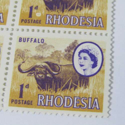 Rhodesia 1d Buffalo stamps - Single, normal stamp - block of 4, misformed face - Booklet, misformed
