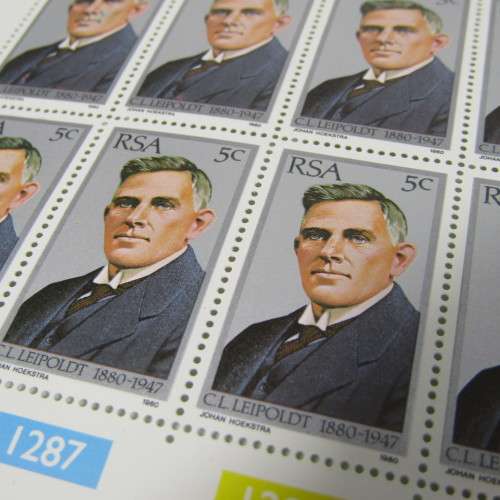CL Leipoldt  - full page of 25 stamps - 2 stamps with tattoo on face A2 and A4 - more errors