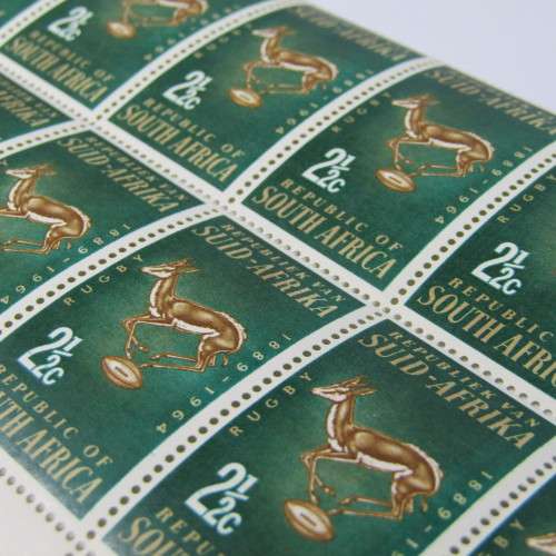 South Africa SACC 245 Lot of 20 x 2 1/2 cent Springbok rugby stamps - 10 in bottom row with error