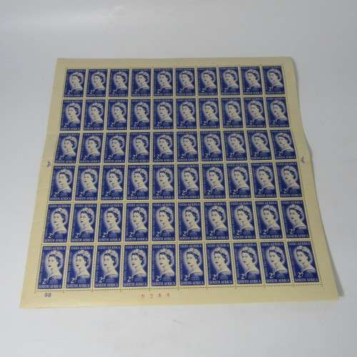 South Africa Full page of 2d 1953 Coronation stamps - variations stamps with marks / spots on face